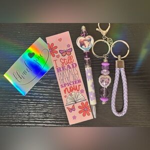 Bookish Purple Accessory Set with Spicy Bookmark, Beaded Heart Pen and Keychain